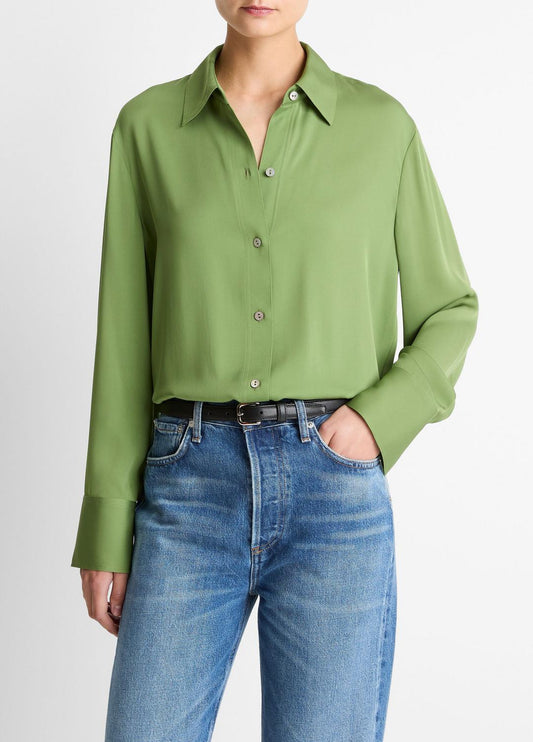 VINCE Women Stretch-Silk Button-Front Blouse in Long Sleeve