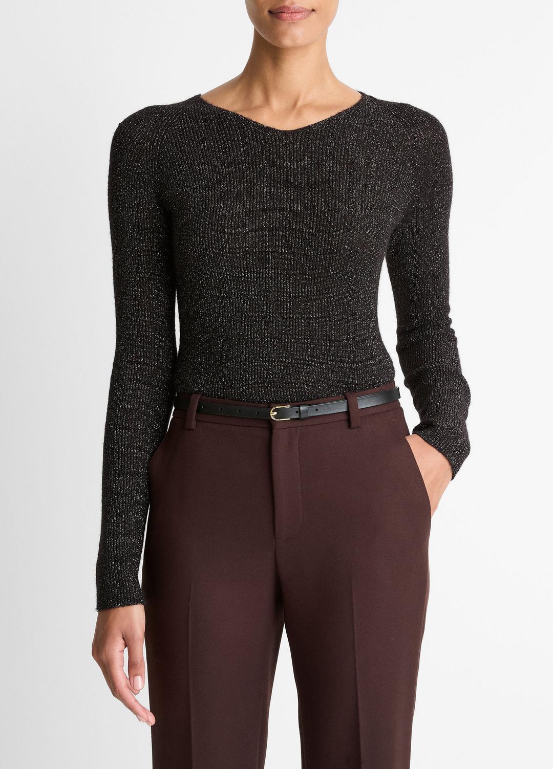 VINCE Women Metallic Ribbed High V-Neck Sweater in V-Neck