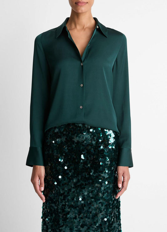 VINCE Women Silk-Blend Slim Button-Front Blouse in Long Sleeve