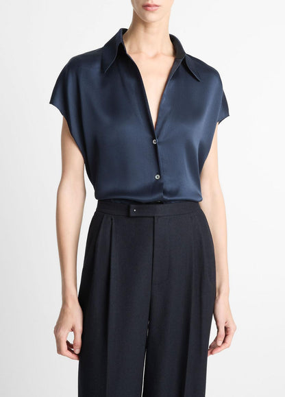 VINCE Women Silk Cap-Sleeve Ruched-Back Blouse in Short Sleeve