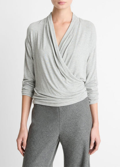 VINCE Women Relaxed Fixed-Wrap Jersey Top in Long Sleeve