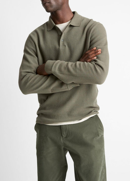 VINCE Men Basket-Weave Cotton Long-Sleeve Polo Shirt in Henleys & Polos