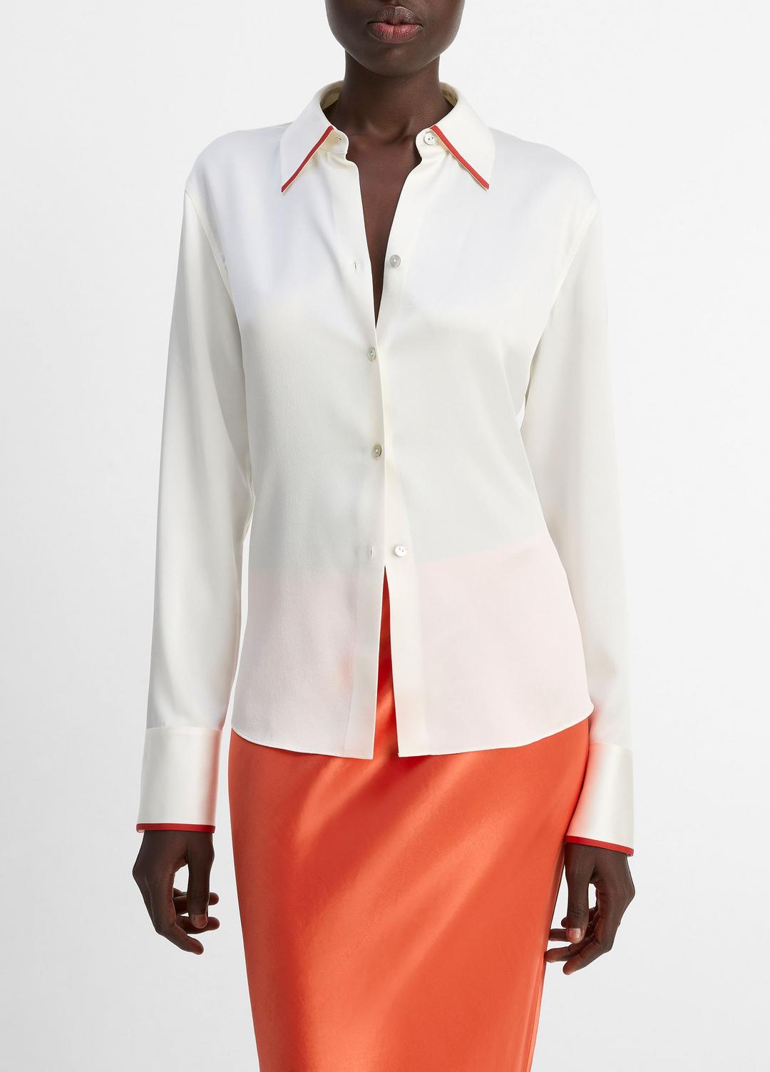 VINCE Sale Tipped Silk Button-Front Blouse in Shirts & Tees