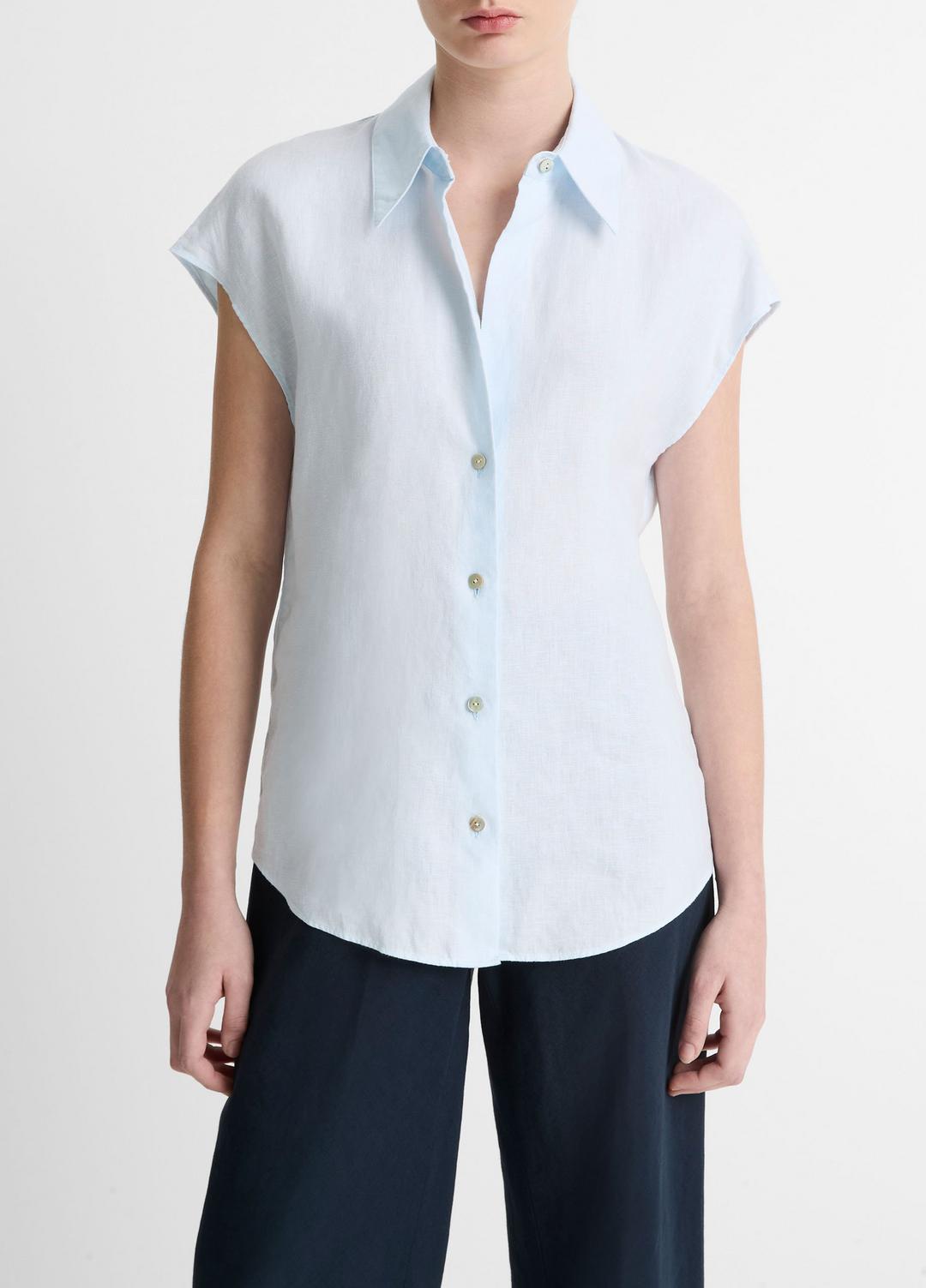 VINCE Sale Linen Cap-Sleeve Button-Front Blouse in Shirts & Tees
